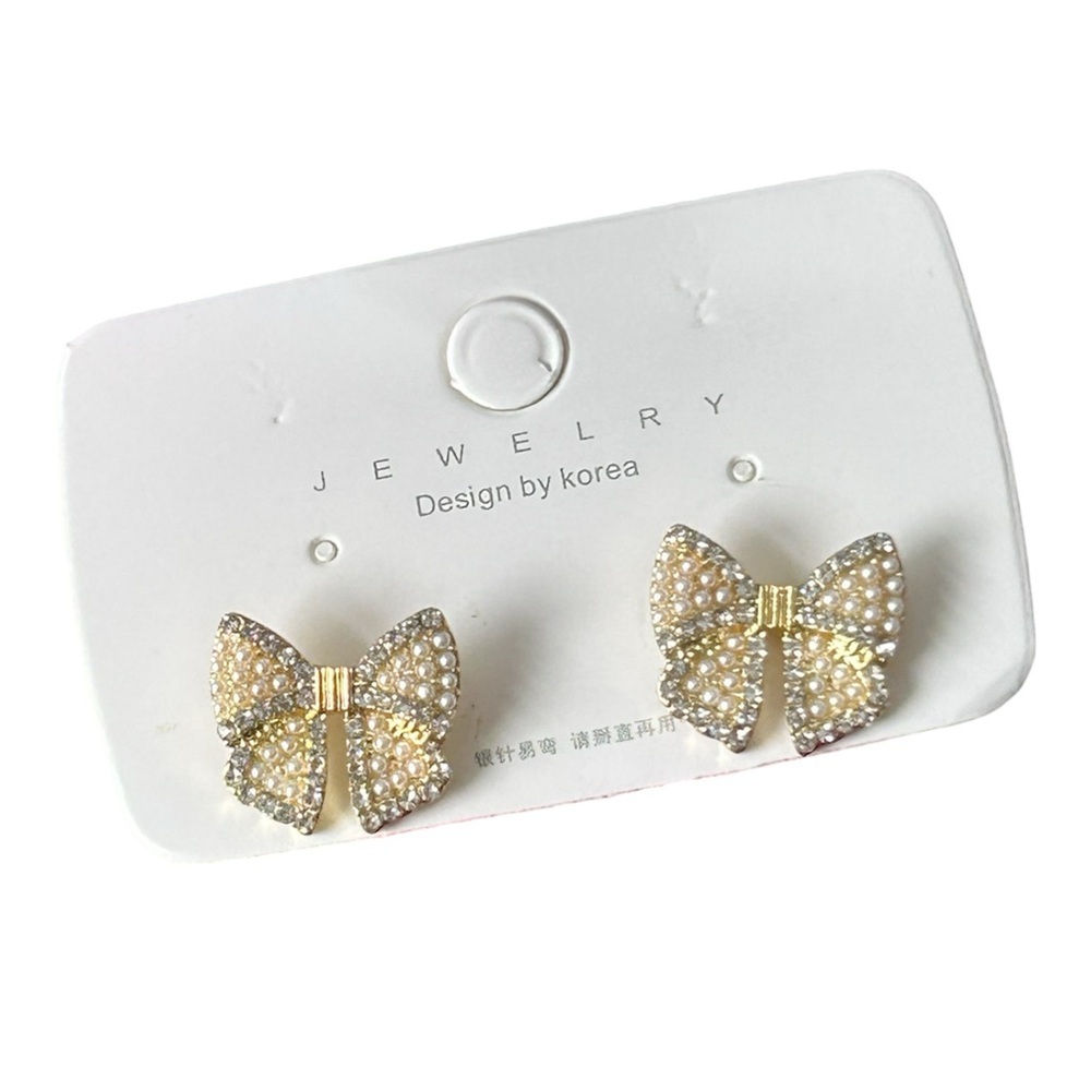 Bow Earrings Faux Mini Pearls and Pave Stones New